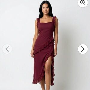 Ruffle-Trim Square Neck Midi Dress in Burgundy